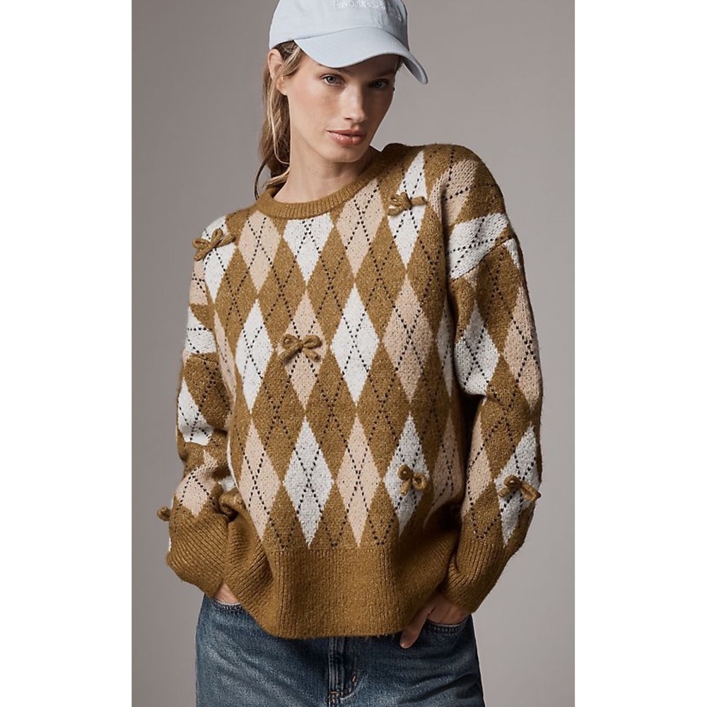 Anthropologie Mauve‎ Argyle Bow Sweater Green XXS New With Tags